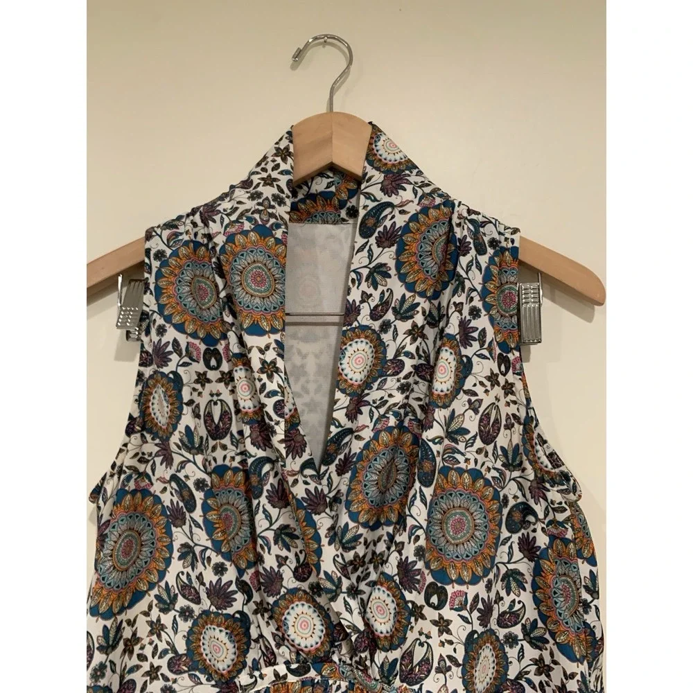 Boho Mandala Paisley Maxi Dress‎ Blue Orange Floral Wrap Faux Surplice M? L?
